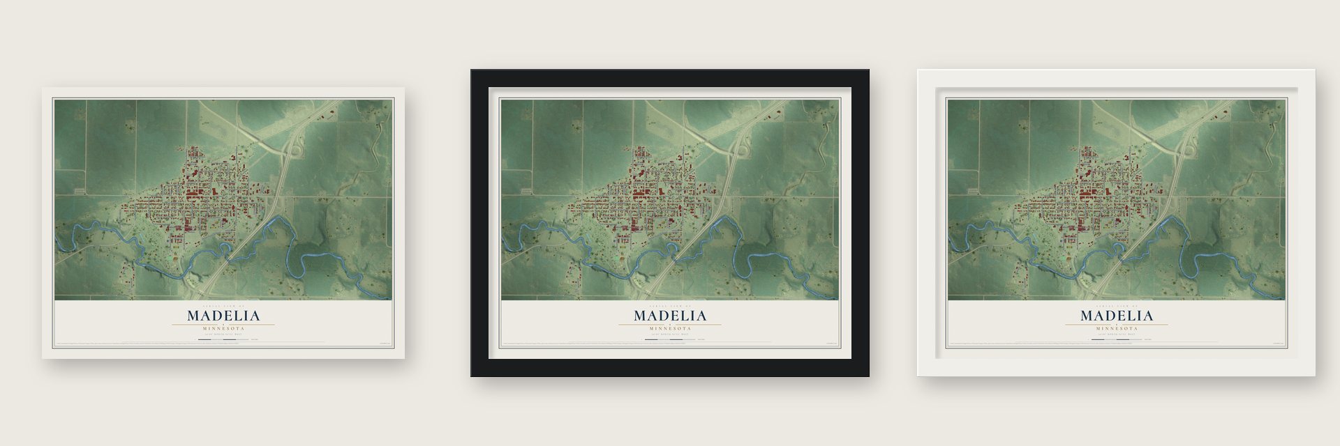 Madelia, Minnesota map unframed, in a black wood frame and in a white wood frame