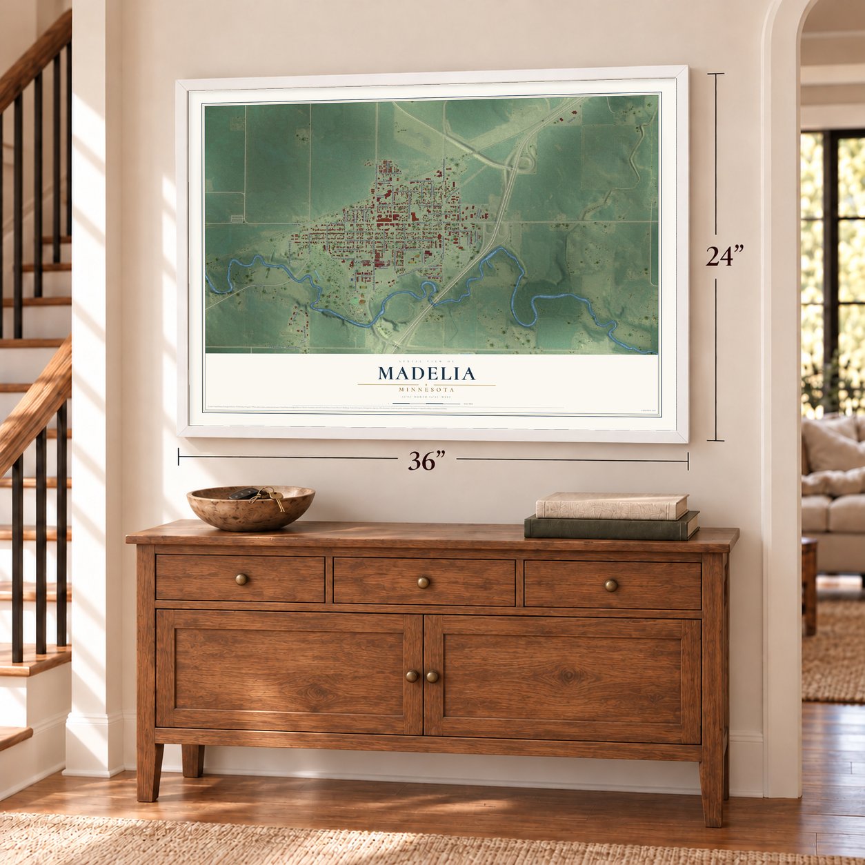 Madelia, Minnesota map, 24 x 36 inch print in a white frame above a dresser by a staircase
