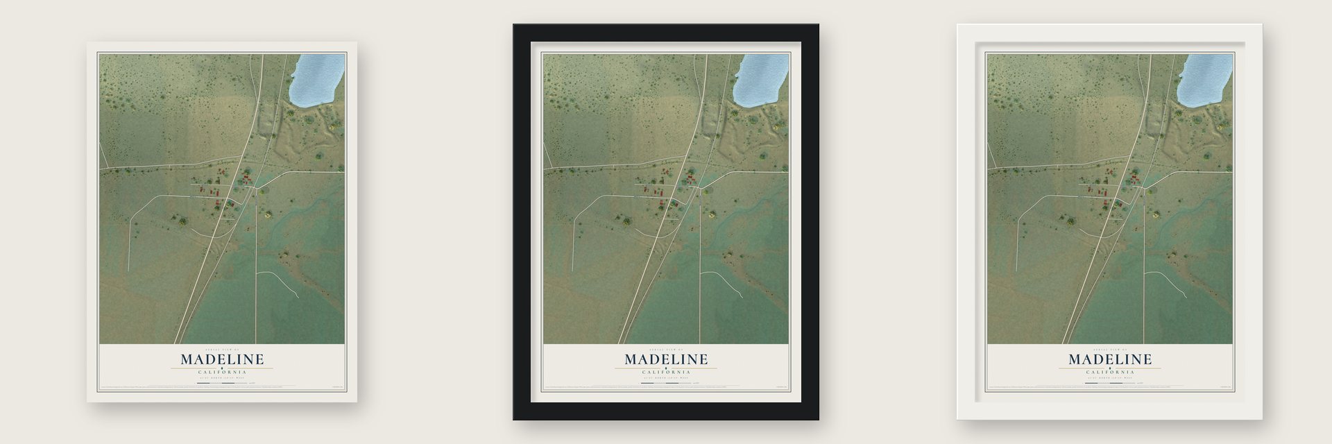 Madeline, California map unframed, in a black wood frame and in a white wood frame