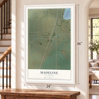 Madeline, California map, 24 x 36 inch print in a white frame by a staircase