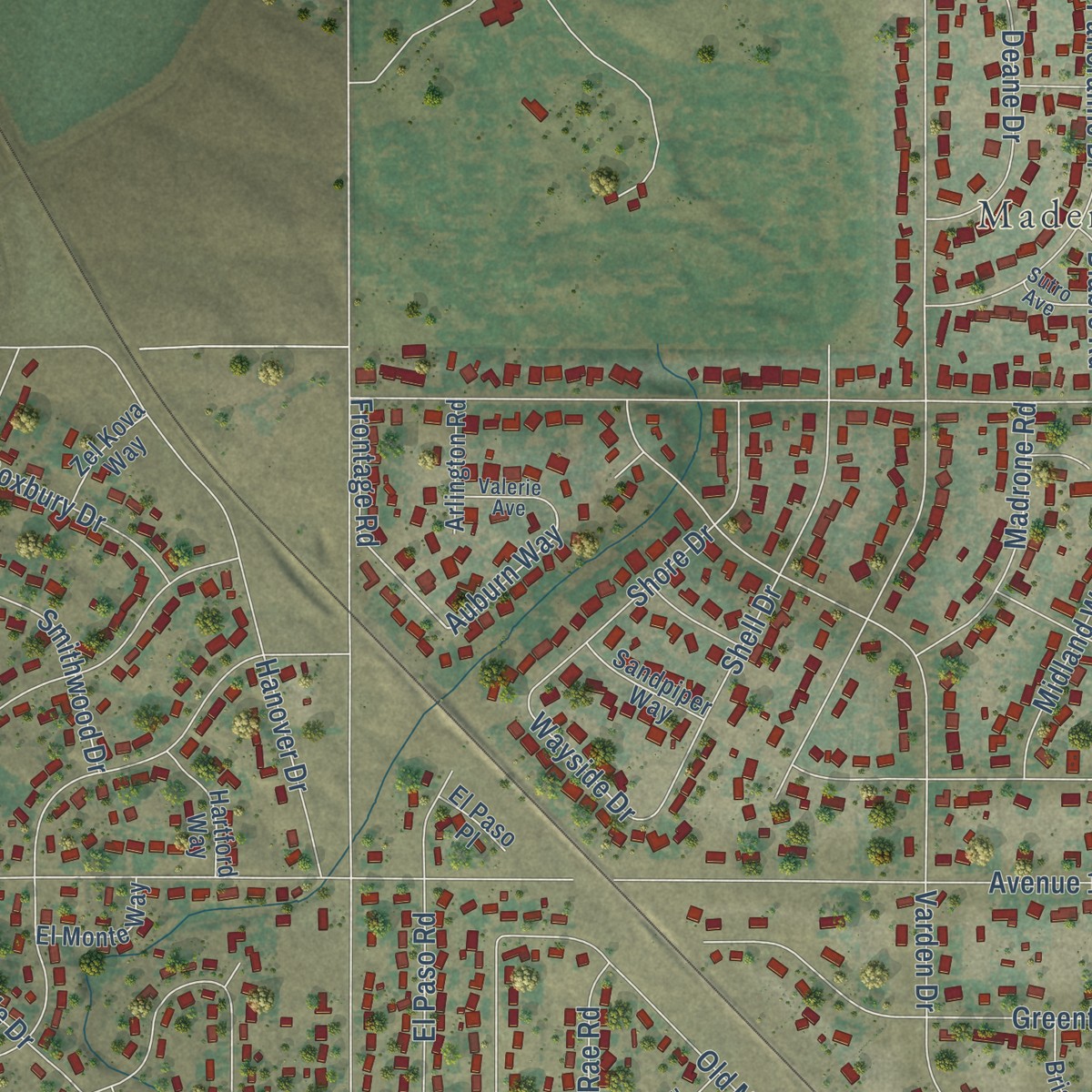 Second close-up of the map of Madera Acres, California print showing more streets and buildings