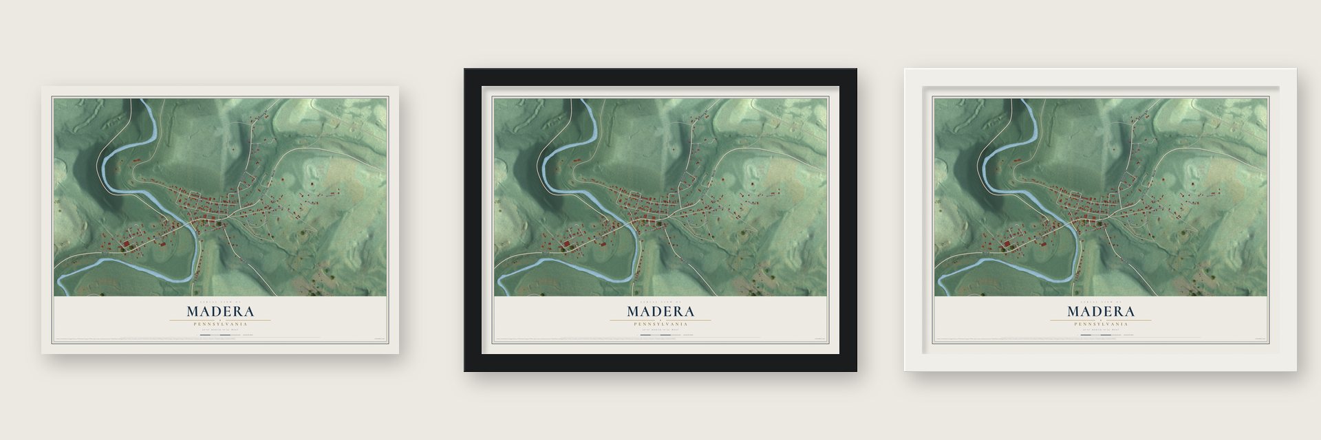 Madera, Pennsylvania map unframed, in a black wood frame and in a white wood frame