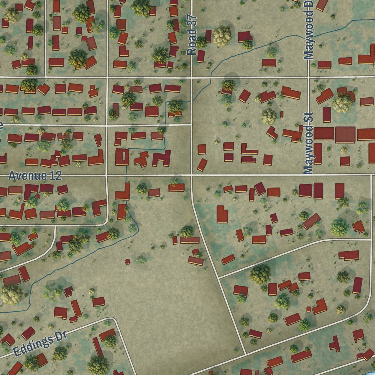 Second close-up of the map of Madera Ranchos, California print showing more streets and buildings