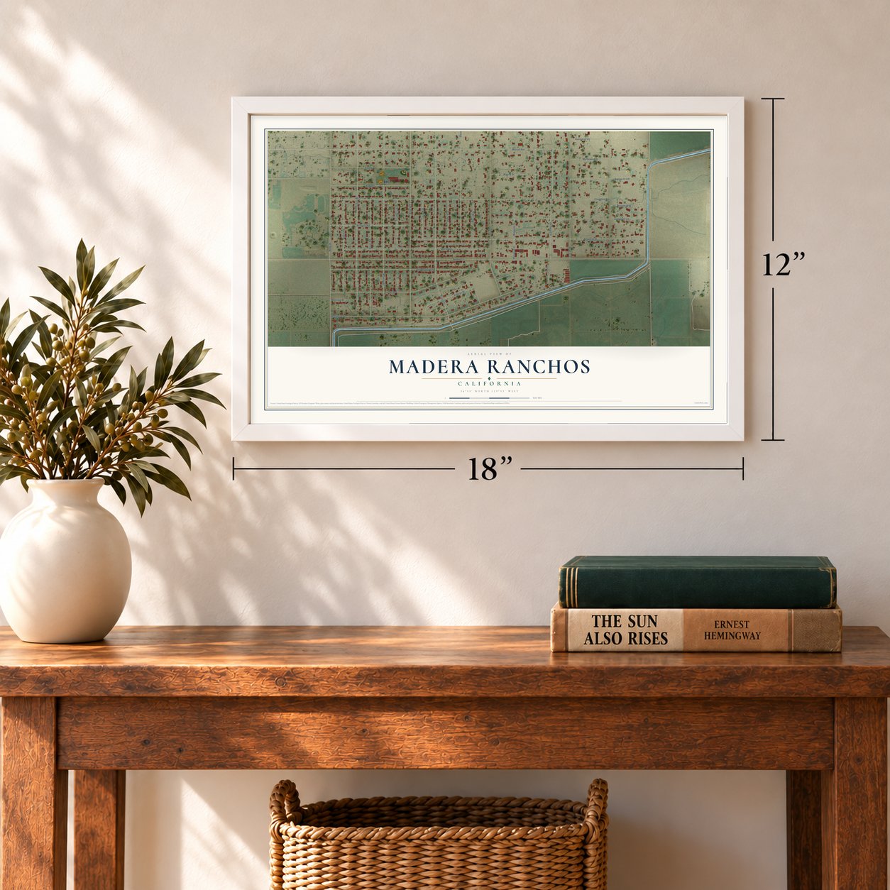 Madera Ranchos, California map, 12 x 18 inch print in a white frame in an entryway