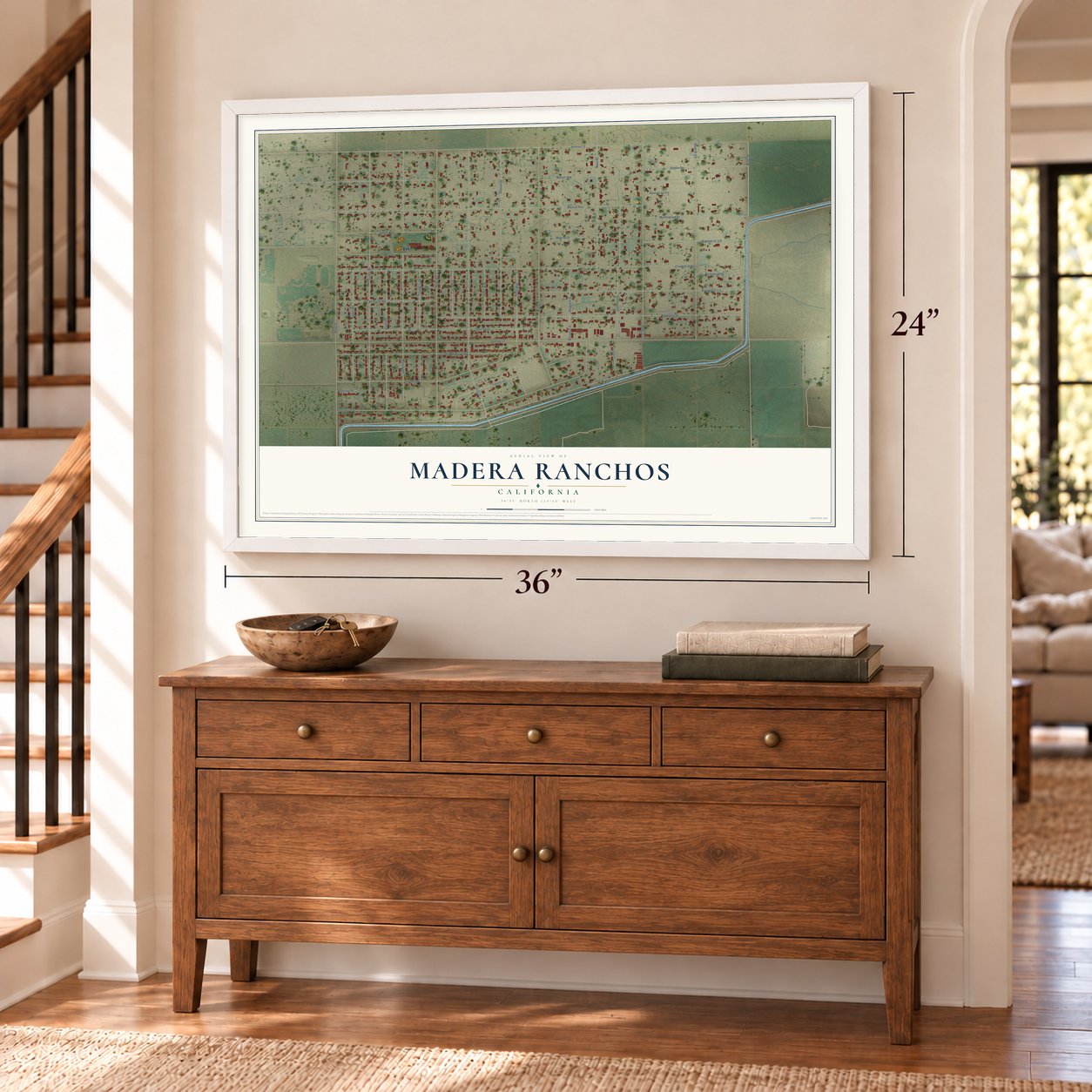 Madera Ranchos, California map, 24 x 36 inch print in a white frame above a dresser by a staircase