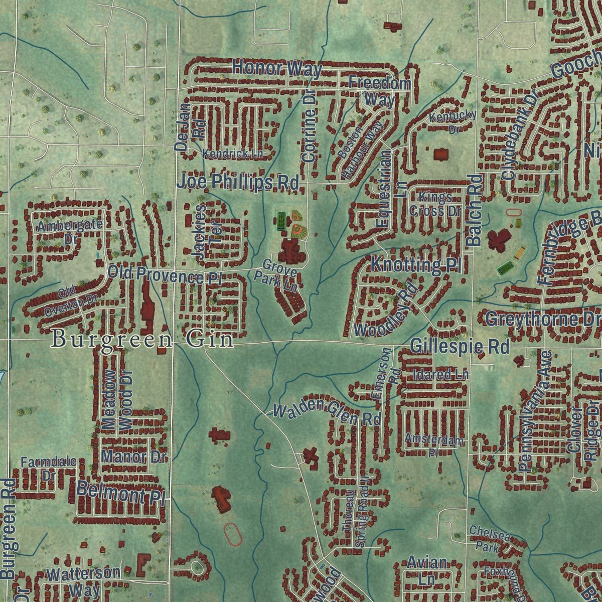 Second close-up of the map of Madison, Alabama print showing more streets and buildings