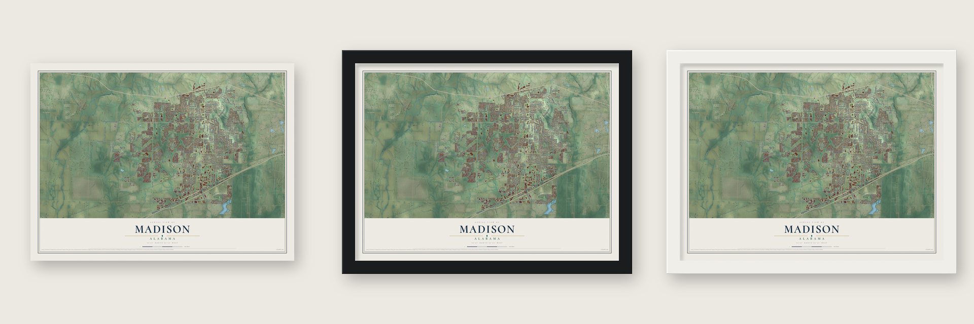 Madison, Alabama map unframed, in a black wood frame and in a white wood frame