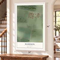 Madison, California map, 24 x 36 inch print in a white frame by a staircase