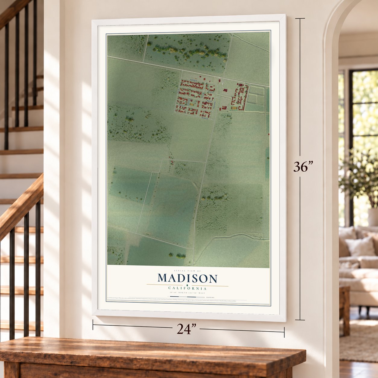 Madison, California map, 24 x 36 inch print in a white frame by a staircase