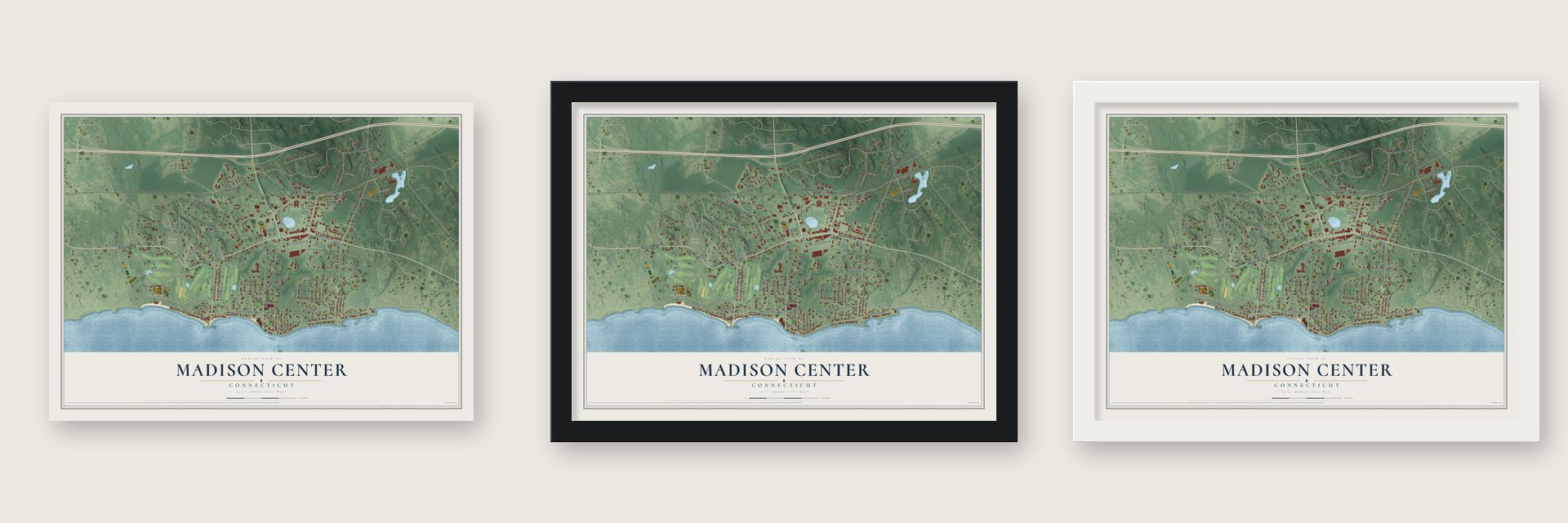Madison Center, Connecticut map unframed, in a black wood frame and in a white wood frame