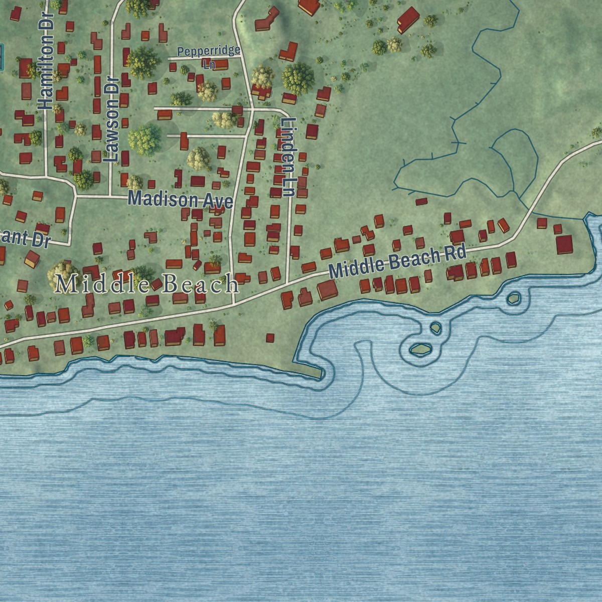 Second close-up of the map of Madison Center, Connecticut print showing more streets and buildings