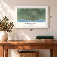 Madison Center, Connecticut map, 12 x 18 inch print in a white frame in an entryway