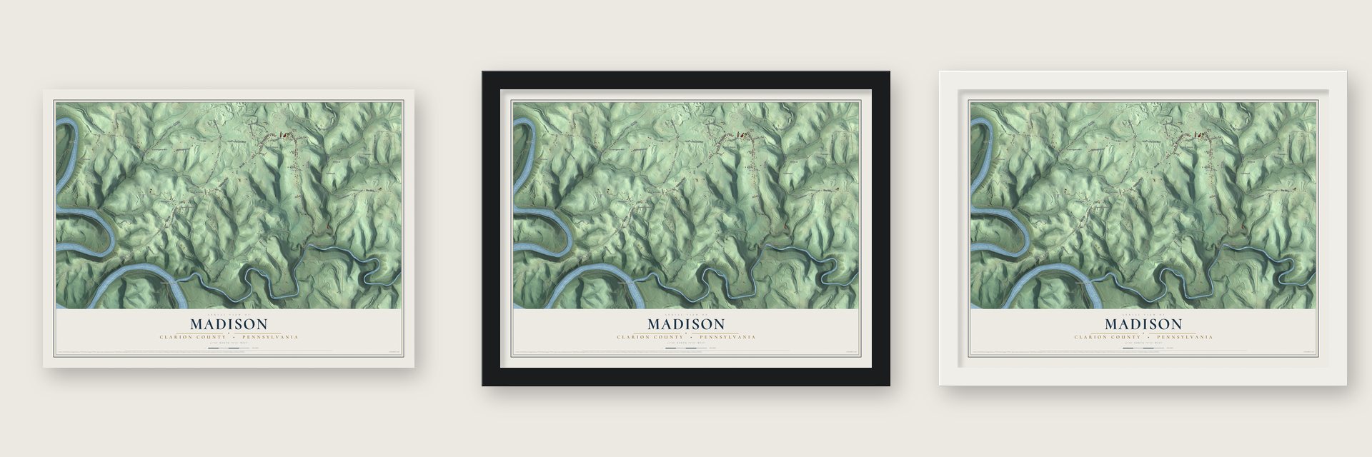 Madison, Clarion County, Pennsylvania map unframed, in a black wood frame and in a white wood frame