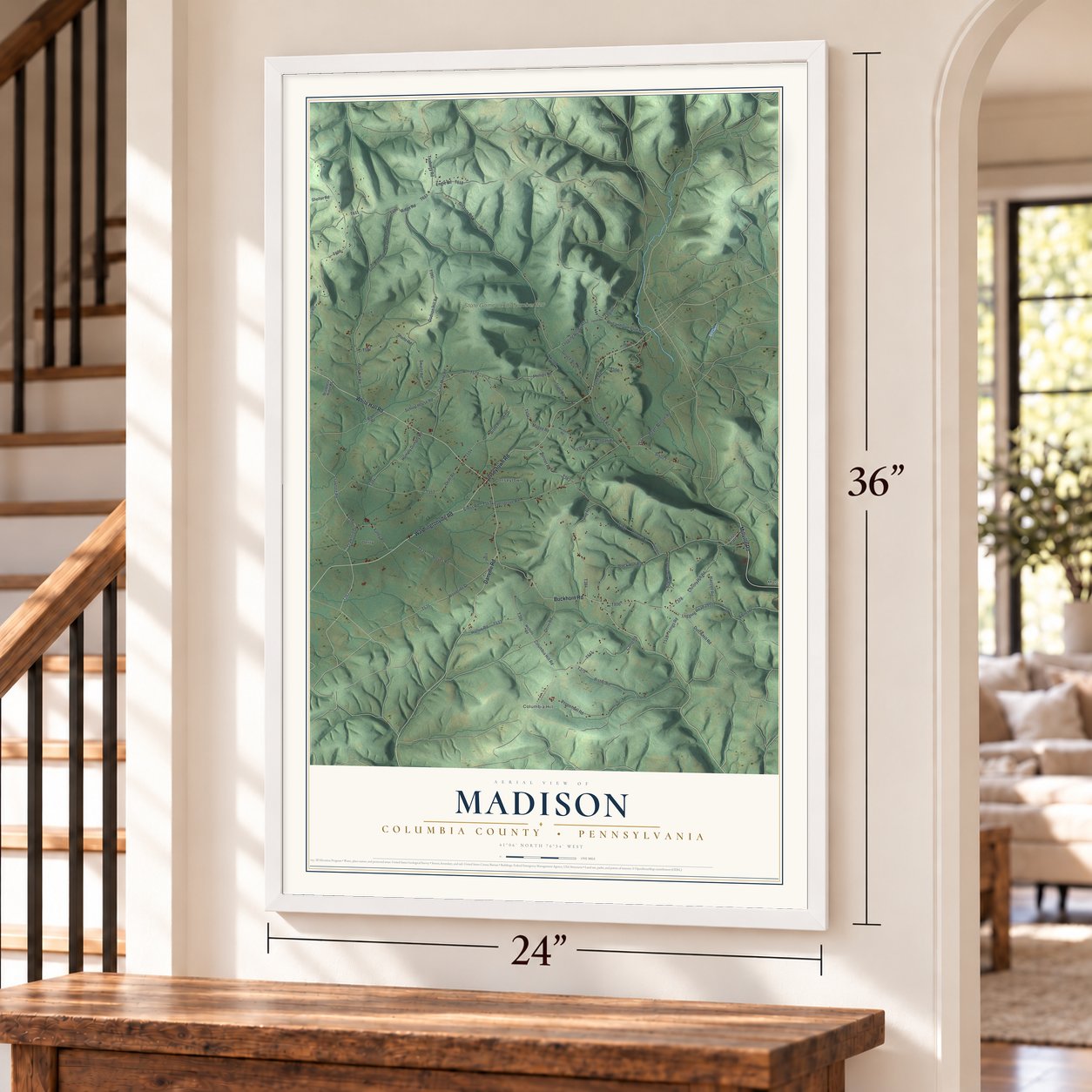 Madison, Columbia County, Pennsylvania map, 24 x 36 inch print in a white frame by a staircase