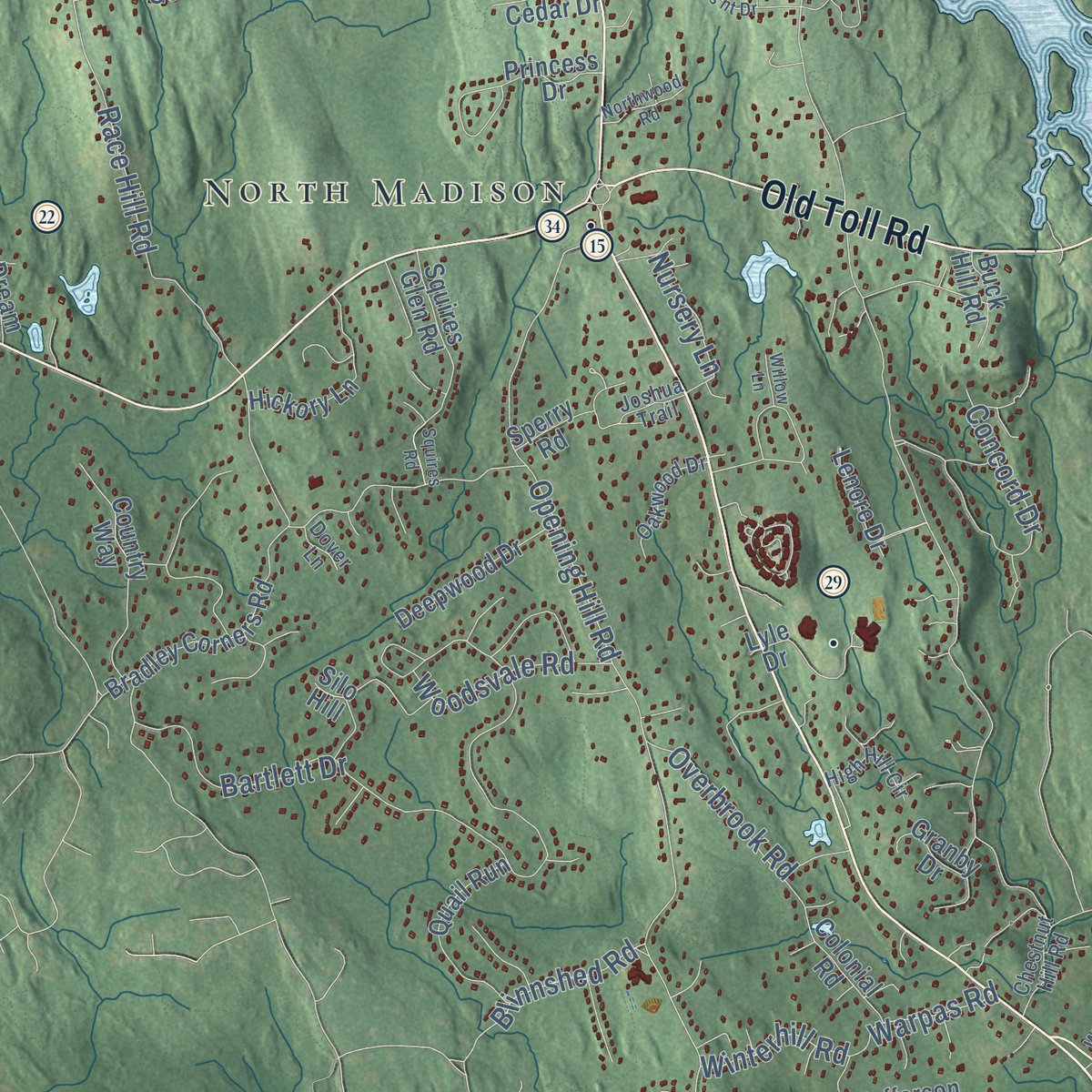 Second close-up of the map of Madison, Connecticut print showing more streets and buildings
