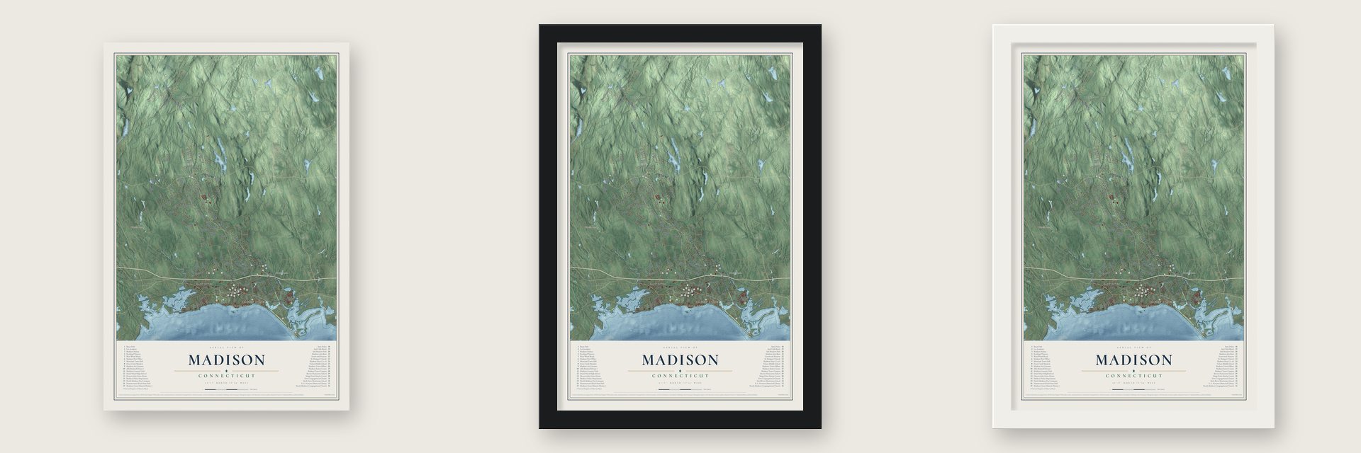 Madison, Connecticut map unframed, in a black wood frame and in a white wood frame