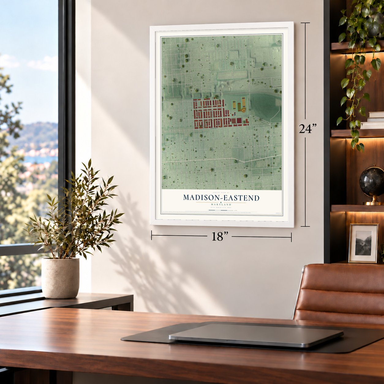 Madison-Eastend, Maryland map, 18 x 24 inch print in a white frame in a home office