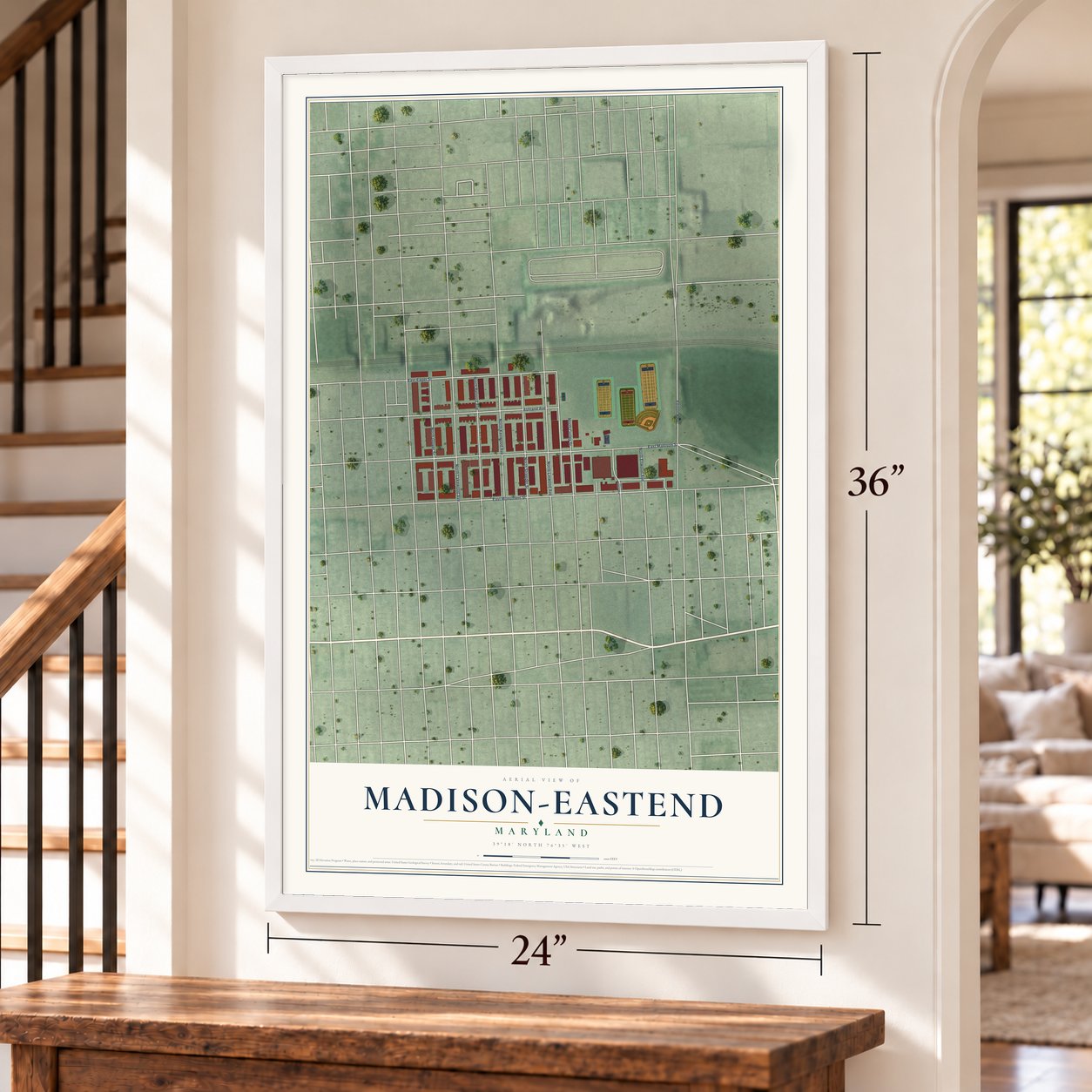 Madison-Eastend, Maryland map, 24 x 36 inch print in a white frame by a staircase