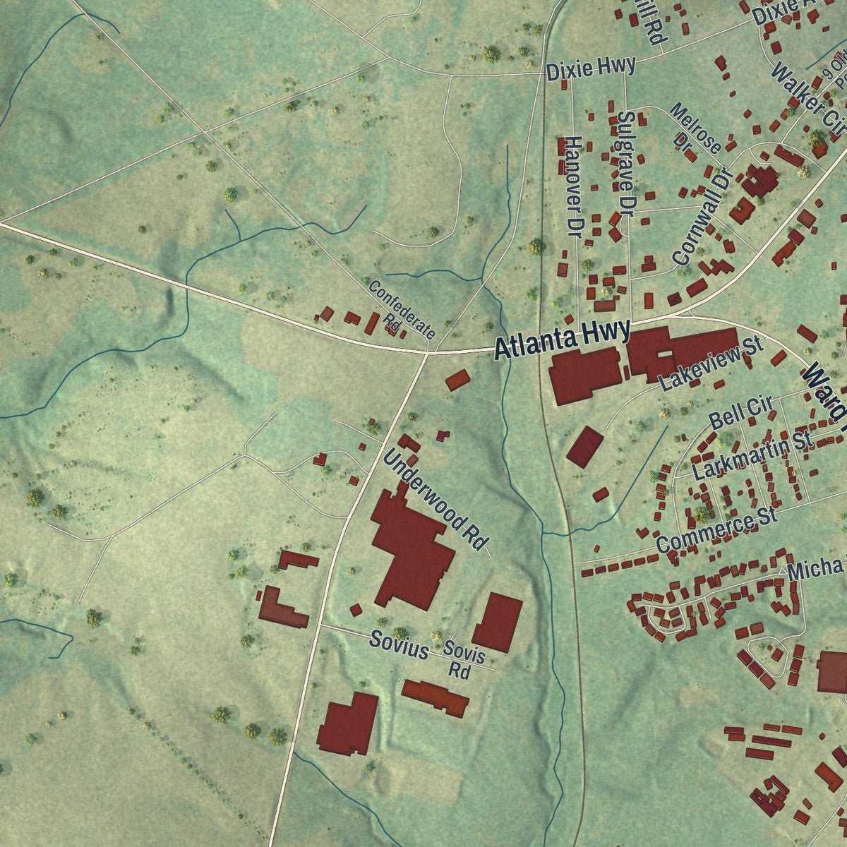 Second close-up of the map of Madison, Georgia print showing more streets and buildings