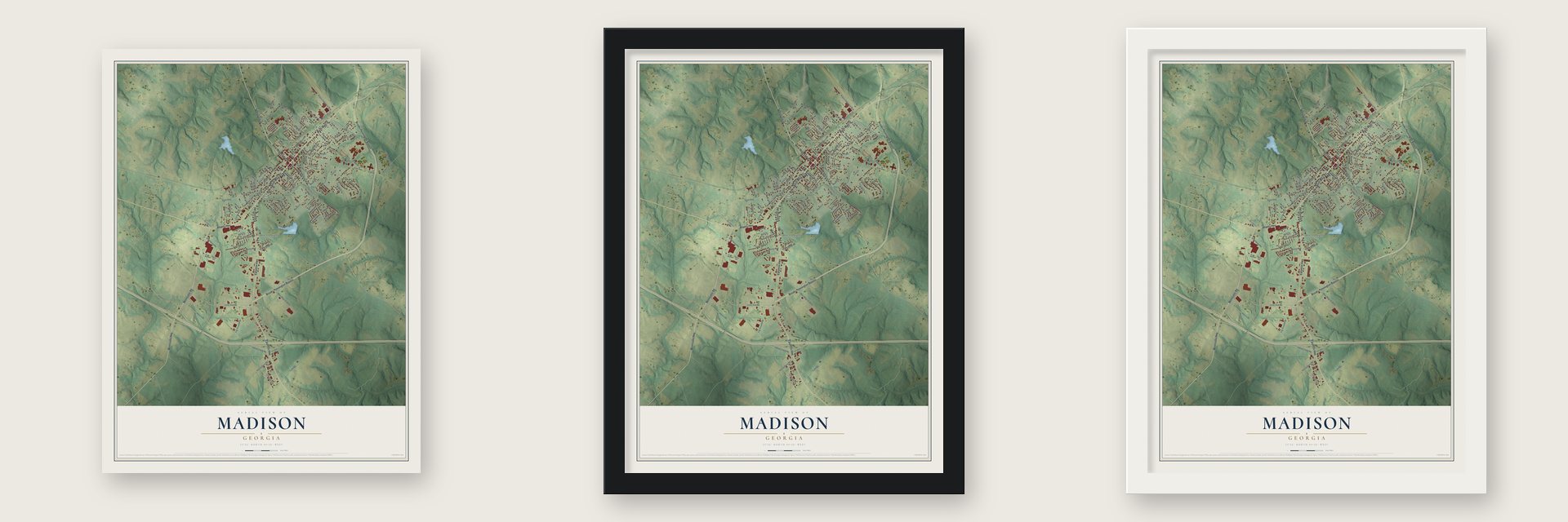 Madison, Georgia map unframed, in a black wood frame and in a white wood frame