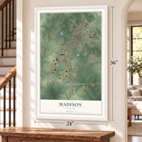 Madison, Georgia map, 24 x 36 inch print in a white frame by a staircase