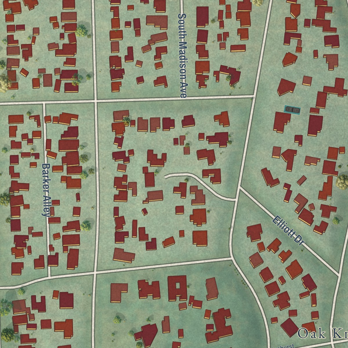 Second close-up of the map of Madison Heights, California print showing more streets and buildings