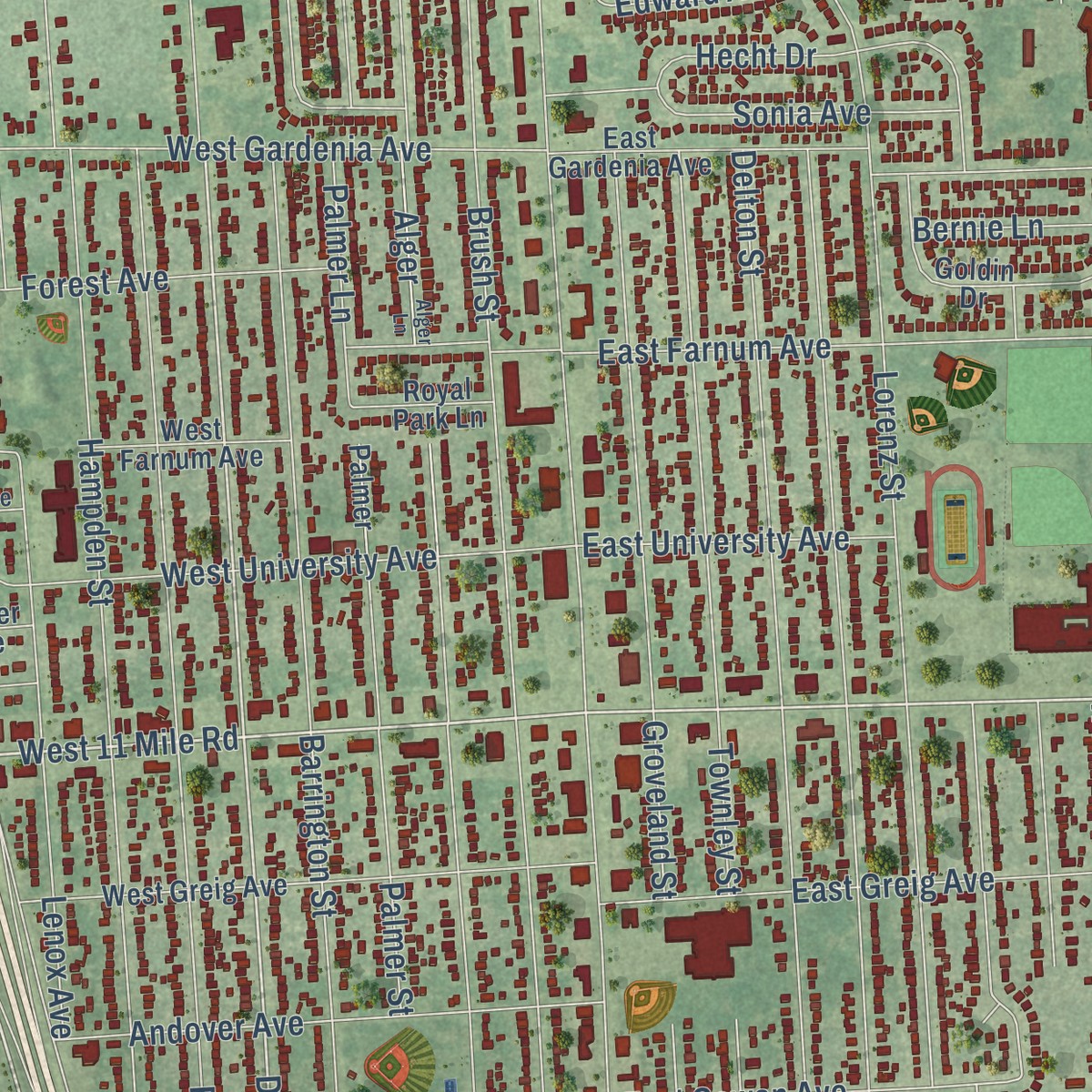 Second close-up of the map of Madison Heights, Michigan print showing more streets and buildings