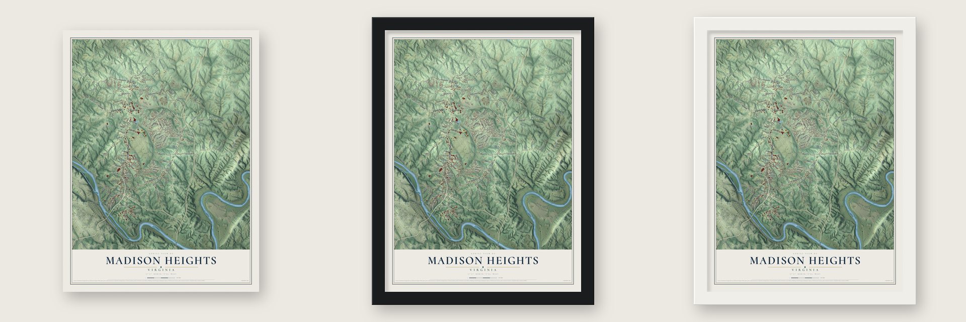 Madison Heights, Virginia map unframed, in a black wood frame and in a white wood frame
