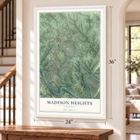Madison Heights, Virginia map, 24 x 36 inch print in a white frame by a staircase