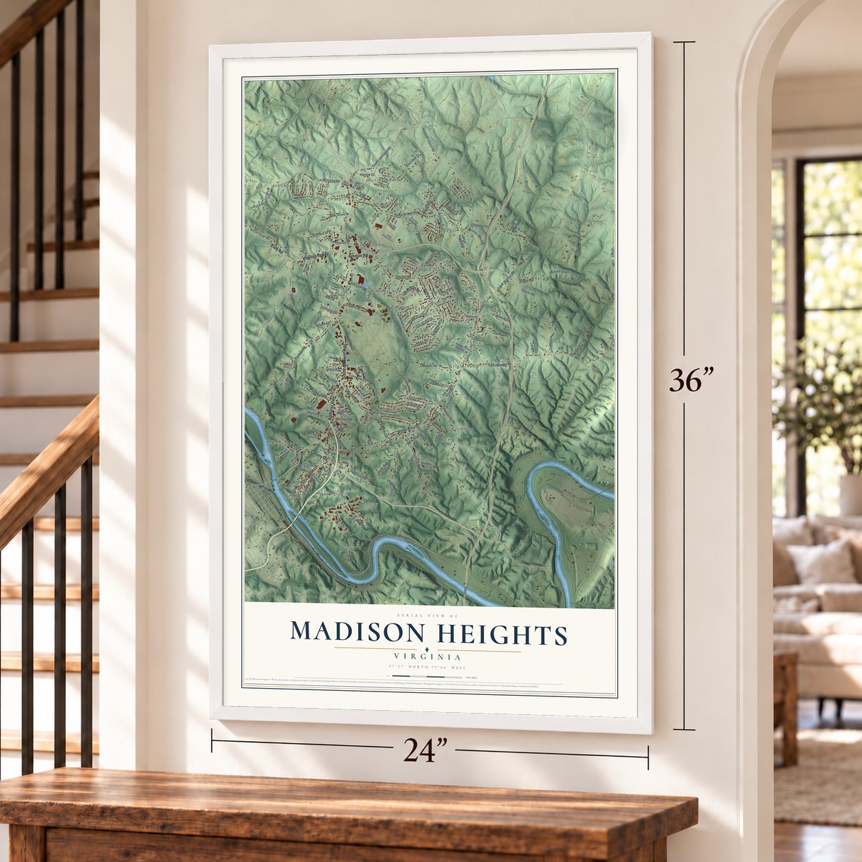 Madison Heights, Virginia map, 24 x 36 inch print in a white frame by a staircase