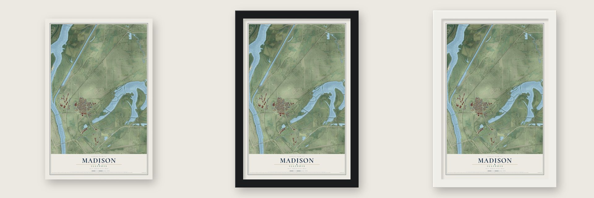 Madison, Illinois map unframed, in a black wood frame and in a white wood frame