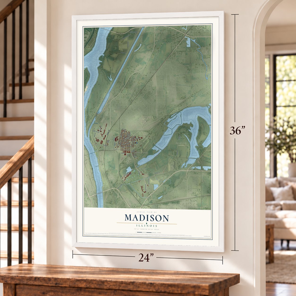 Madison, Illinois map, 24 x 36 inch print in a white frame by a staircase