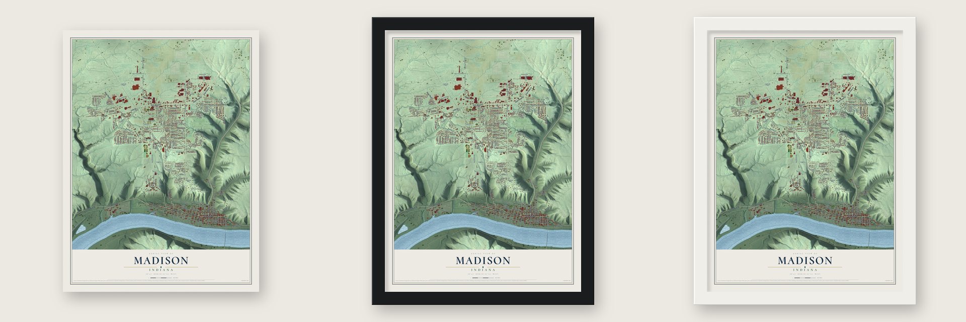 Madison, Indiana map unframed, in a black wood frame and in a white wood frame