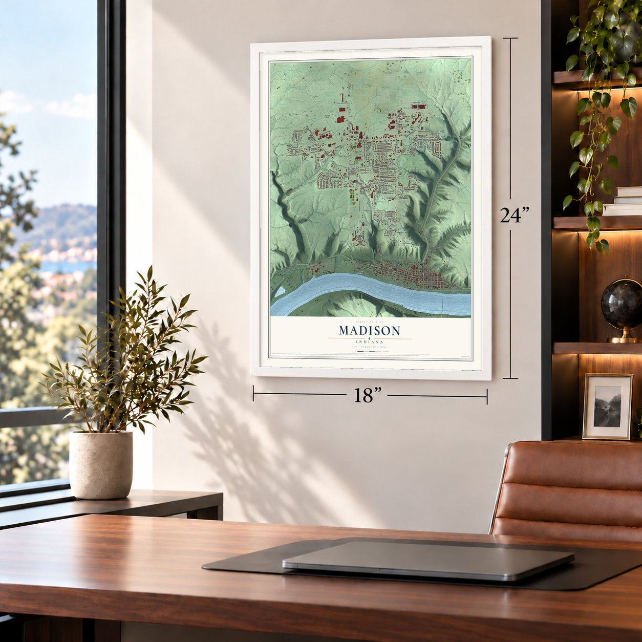 Madison, Indiana map, 18 x 24 inch print in a white frame in a home office