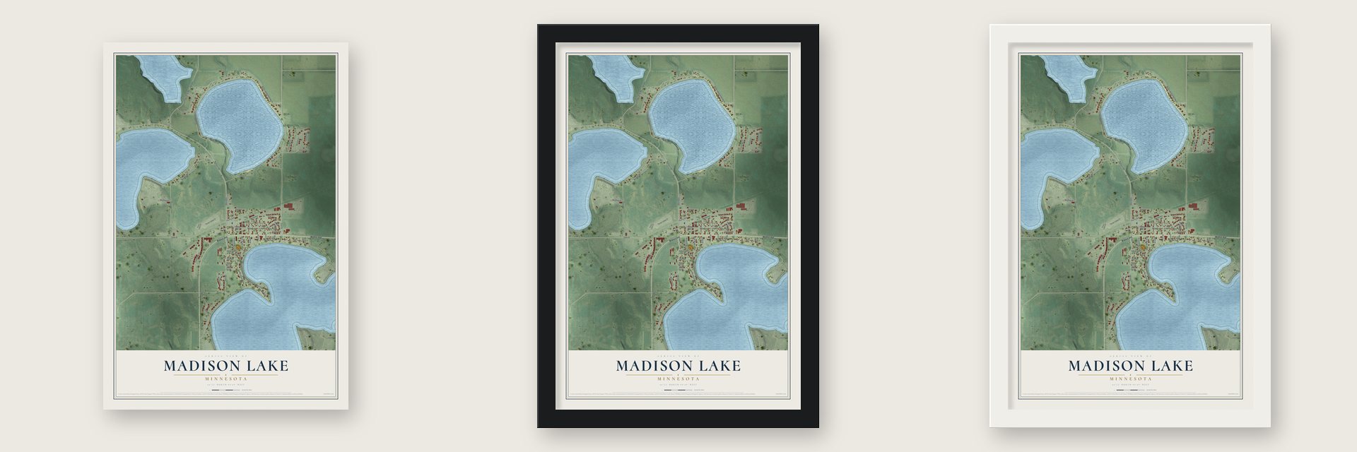 Madison Lake, Minnesota map unframed, in a black wood frame and in a white wood frame