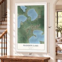 Madison Lake, Minnesota map, 24 x 36 inch print in a white frame by a staircase