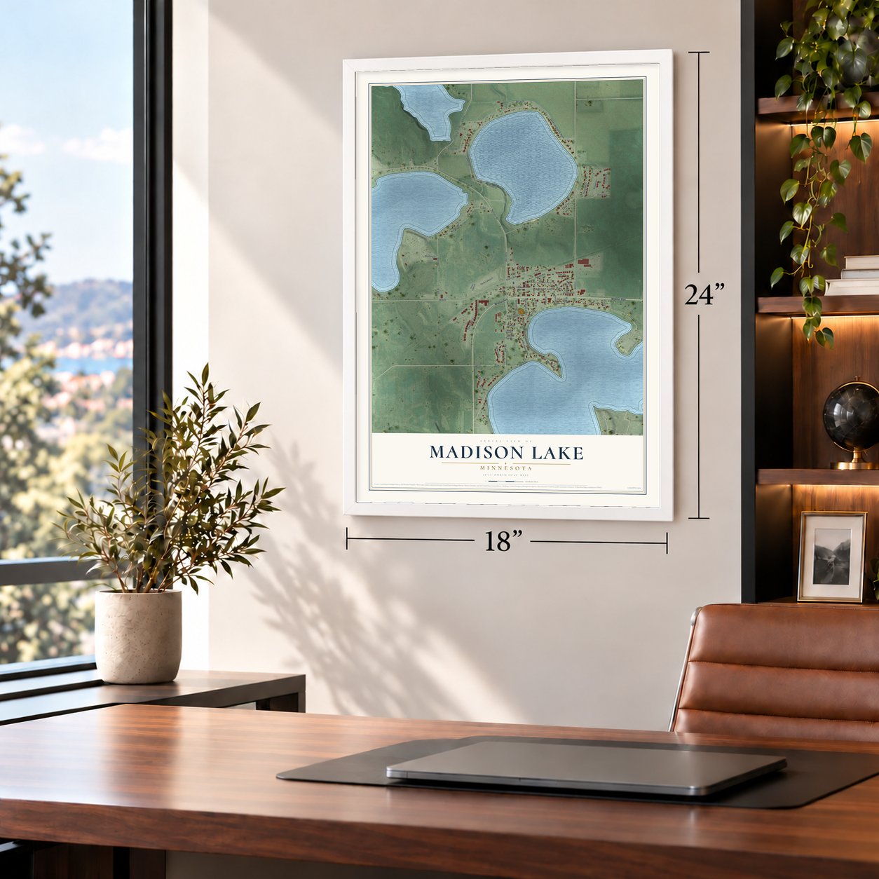 Madison Lake, Minnesota map, 18 x 24 inch print in a white frame in a home office