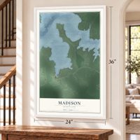 Madison, Maryland map, 24 x 36 inch print in a white frame by a staircase
