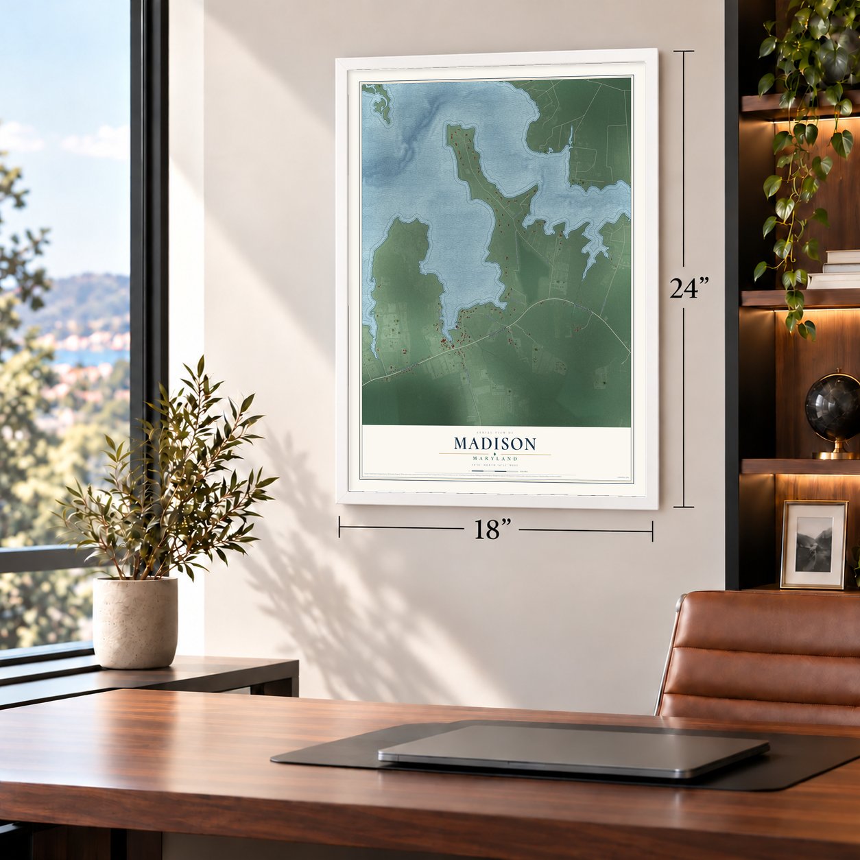 Madison, Maryland map, 18 x 24 inch print in a white frame in a home office