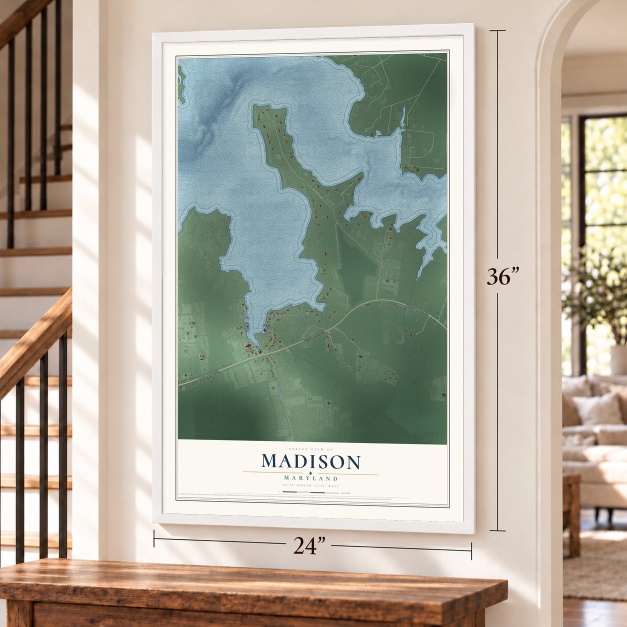Madison, Maryland map, 24 x 36 inch print in a white frame by a staircase