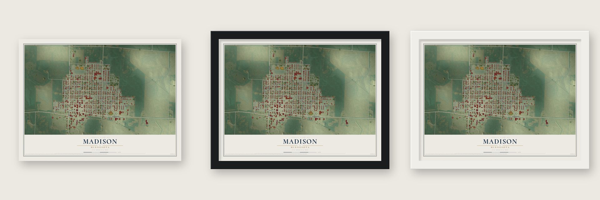 Madison, Minnesota map unframed, in a black wood frame and in a white wood frame