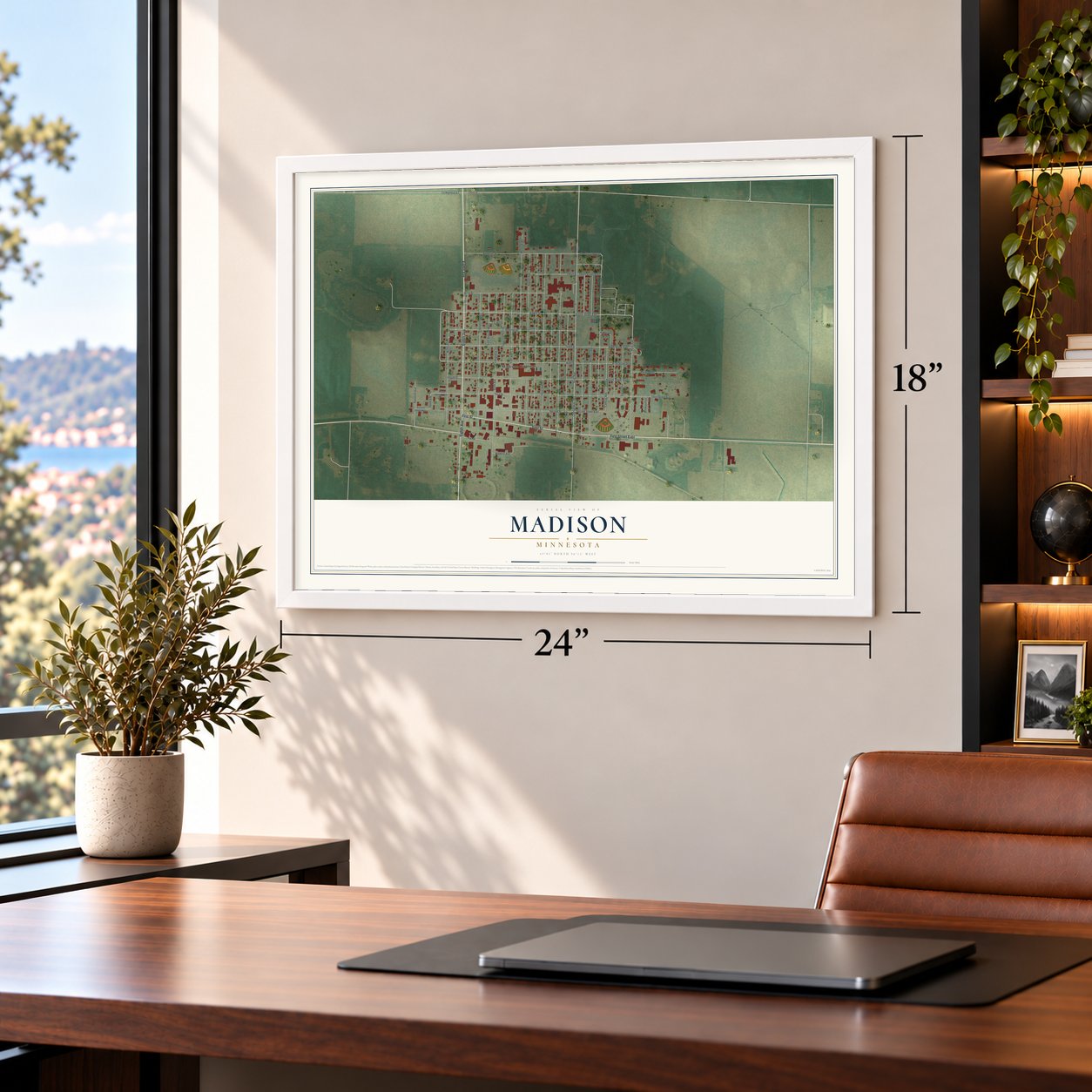 Madison, Minnesota map, 18 x 24 inch print in a white frame in a home office