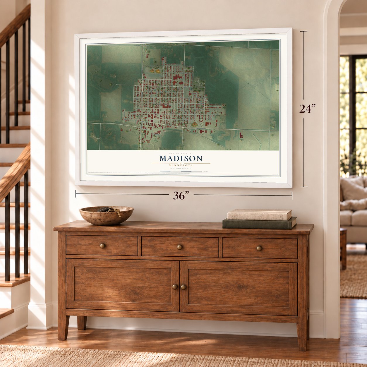Madison, Minnesota map, 24 x 36 inch print in a white frame above a dresser by a staircase
