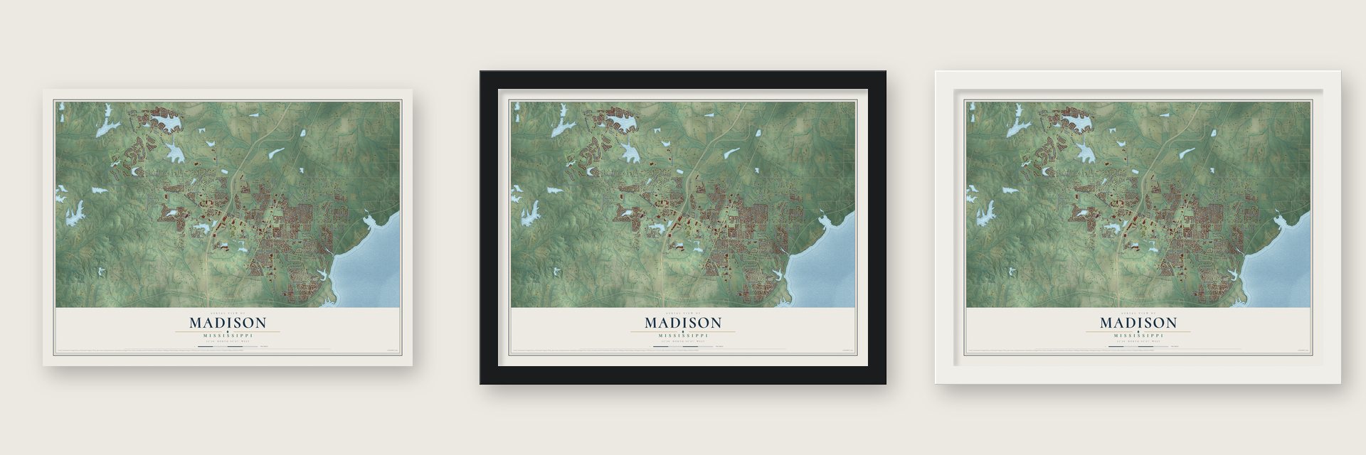 Madison, Mississippi map unframed, in a black wood frame and in a white wood frame