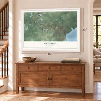Madison, Mississippi map, 24 x 36 inch print in a white frame above a dresser by a staircase