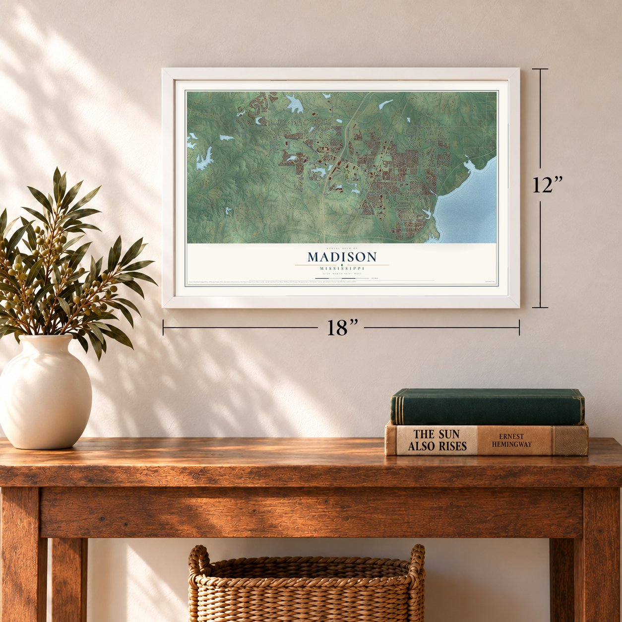 Madison, Mississippi map, 12 x 18 inch print in a white frame in an entryway