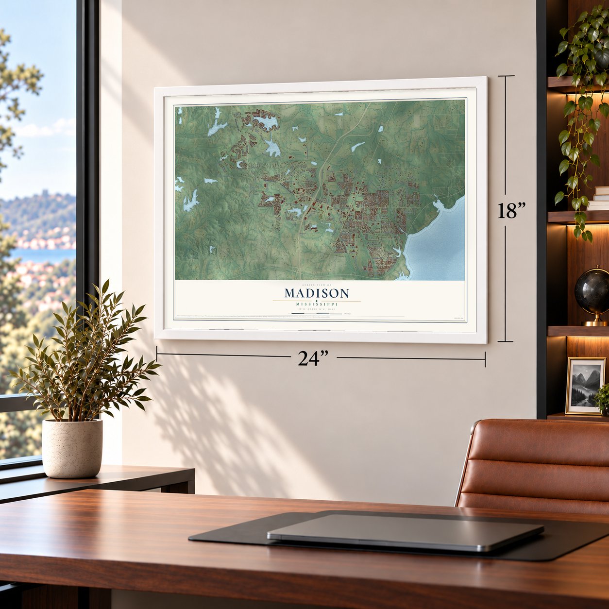 Madison, Mississippi map, 18 x 24 inch print in a white frame in a home office