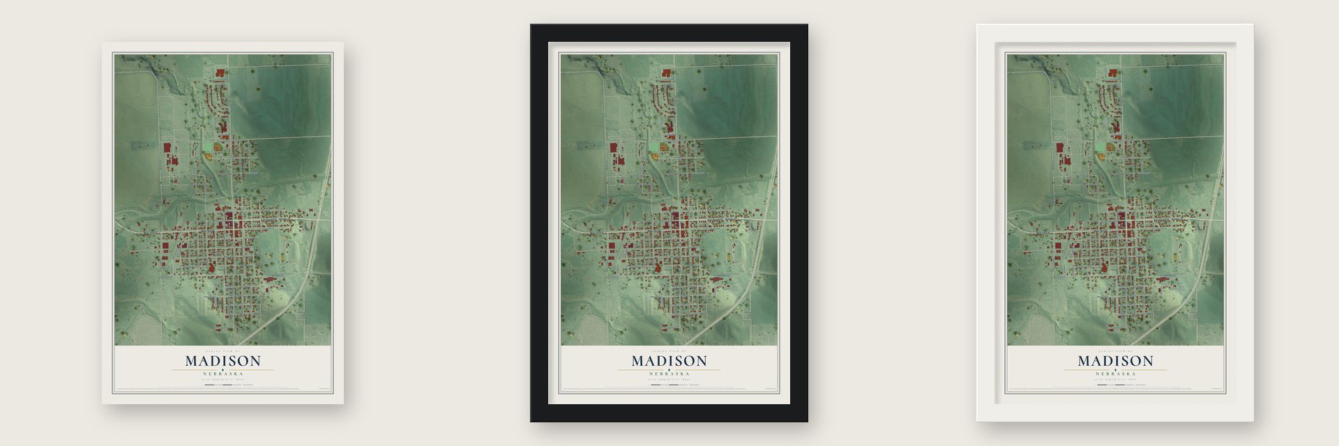 Madison, Nebraska map unframed, in a black wood frame and in a white wood frame