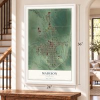 Madison, Nebraska map, 24 x 36 inch print in a white frame by a staircase