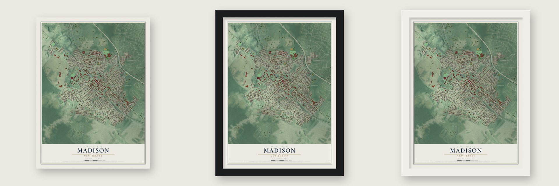 Madison, New Jersey map unframed, in a black wood frame and in a white wood frame